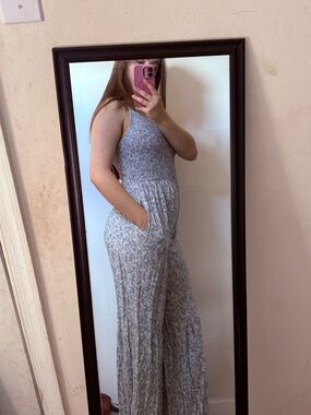 Smocked Halter Jumpsuit in Light Gray Floral